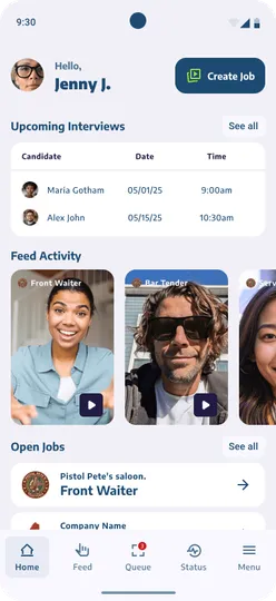 Job poster home: upcoming interviews, feed activity, and open jobs