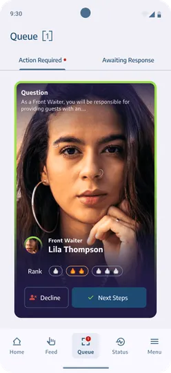 Job poster queue: candidate card with ranking and next steps