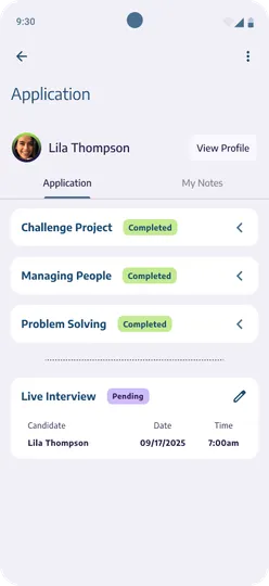 Job poster application: candidate progress and pending live interview