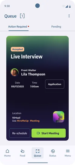 Job poster queue: scheduled live interview with meeting actions