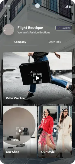 Job poster company profile with brand video tiles
