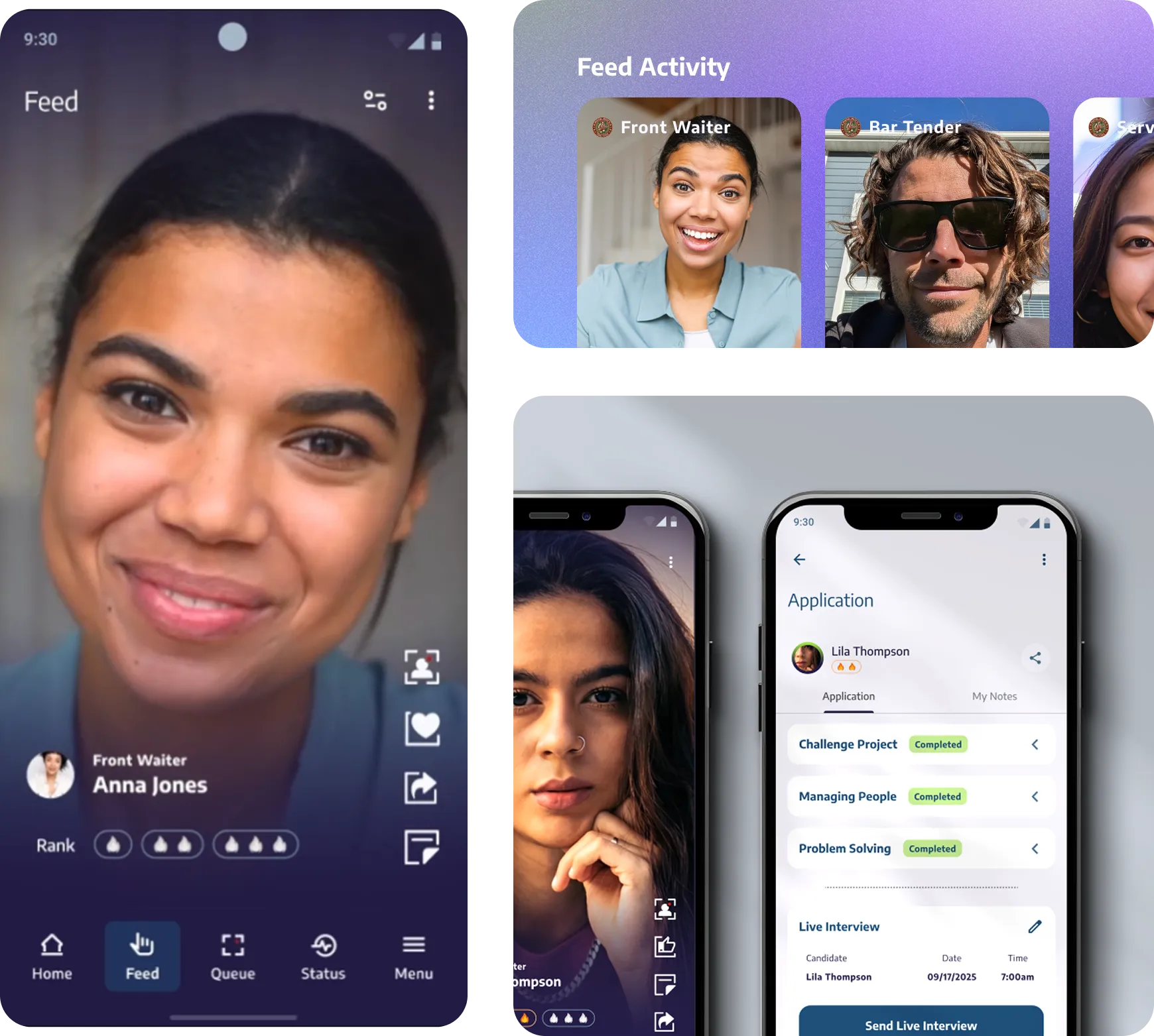 Employer feed showing candidate video introductions and activity in HireMeUp